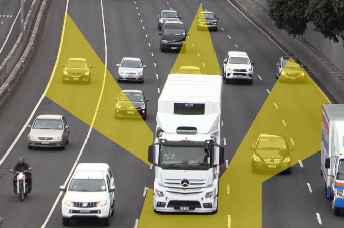 Điểm mù của xe tải biểu thị bằng vùng màu vàng. Ảnh: driverknowledgetests