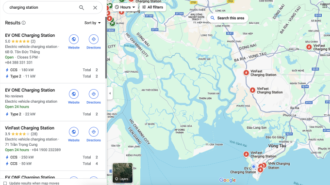 Thông tin chi tiết về trạm sạc công cộng có thể được tra cứu qua ứng dụng bản đồ Google Maps. Ảnh chụp màn hình