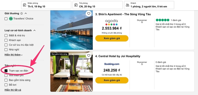 Các dịch vụ tìm kiếm khách sạn, chỗ lưu trú cũng đã có tính năng lọc địa điểm có trạm sạc xe điện. Ảnh chụp màn hình