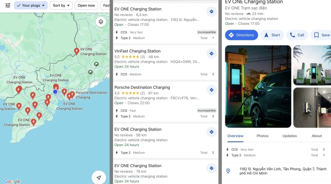 Google Maps hiển thị đầy đủ thông tin về trạm sạc xe điện tại Việt Nam. Ảnh chụp màn hình