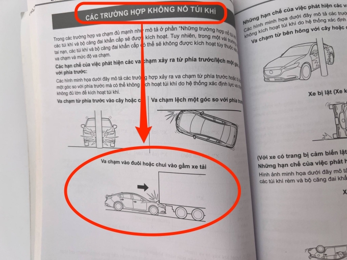 Khuyến cáo về các trường hợp túi khí không bung, trong đó có mục chui gầm xe tải, trong hướng dẫn sử dụng một mẫu xe Nhật. Ảnh: Hồ Tân